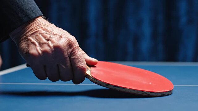 Elderly hand holding ping pong paddle on blue table