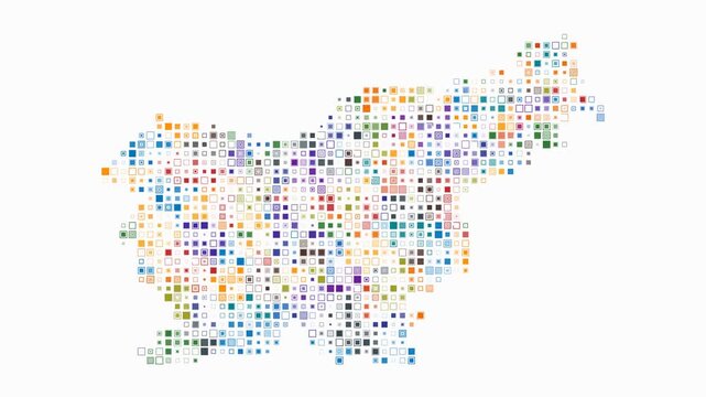 Slovenia animated country shape. Pulsating colored dots on the map of the country. Small size square blocks. Digital style Slovenia map on white background. Abstract animation video.