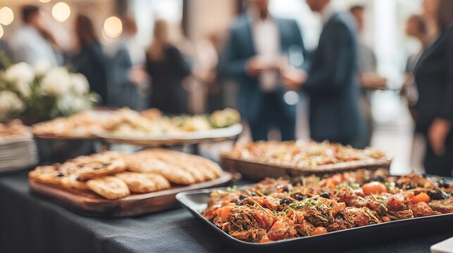 Blurry background of people at business buffet with food in the foreground
