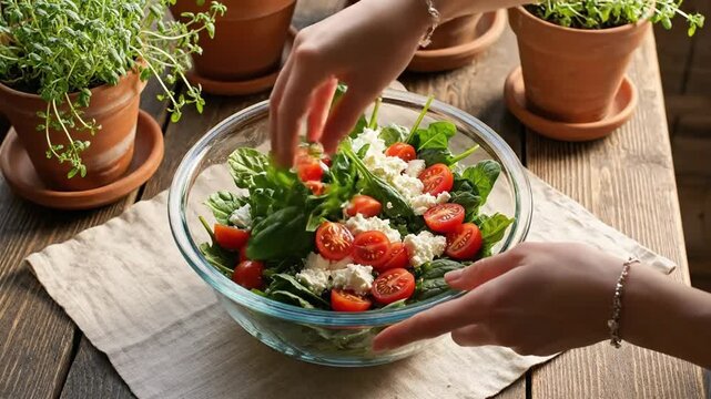 Fresh Spinach and Cherry Tomato Salad with Feta Cheese in a Glass Bowl - Healthy Food Photography for Wellness Lifestyle Content