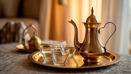 Traditional Middle Eastern Tea Set &ndash; Ornate Brass Teapot with Glass Cups on Round Tray, Warmly Lit Cultural Hospitality Scene