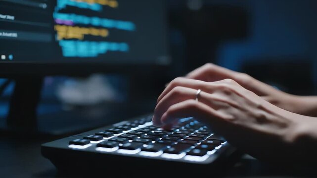 Close-up of hands typing on a keyboard with a computer screen displaying code in the background, with a dark and focused mood.