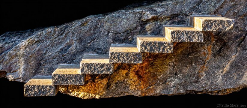 Minimal stone staircase carved in rock with subtle lighting and gradient video game character