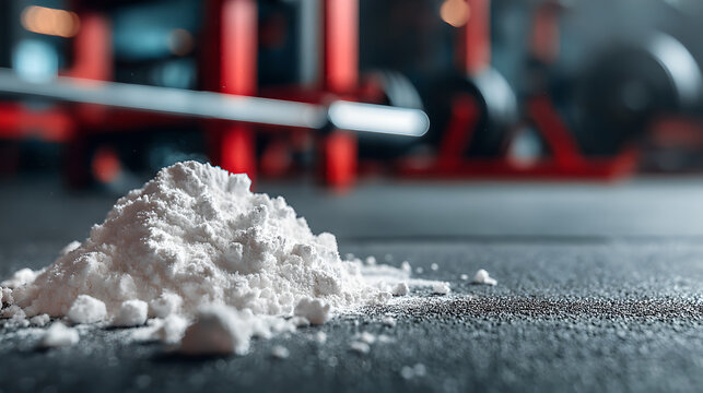 Pile of creatine powder next to plastic jar in gym setting
