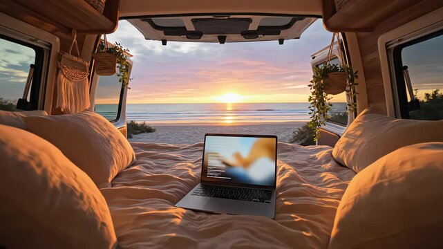 POV shot from inside a cozy camper van showing a laptop on the bed and a beautiful beach sunset through open rear doors