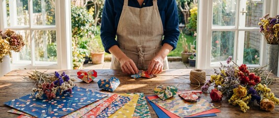 Artisan florist in a linen apron crafting delicate origami hearts from vibrant patterned paper on a rustic wooden table, surrounded by dried flowers and twine in a sunlit studio workshop.