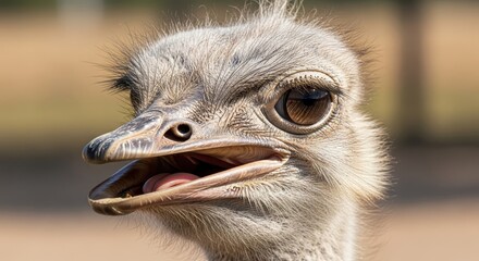 Close-up of an Ostrich Head with Open Beak.