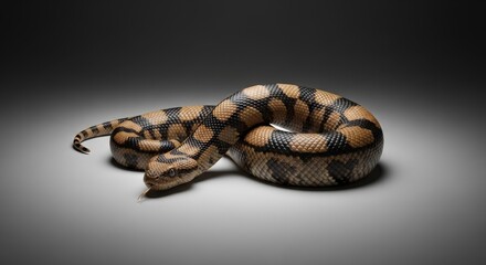 Fototapeta premium A coiled snake resting on a plain surface viewed from a slightly elevated angle