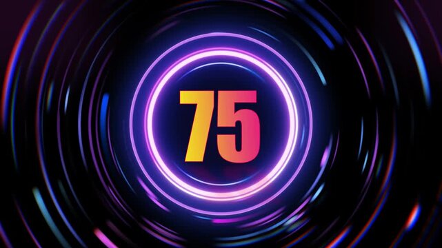 Neon number 75 in purple circles on black background with color changing effect