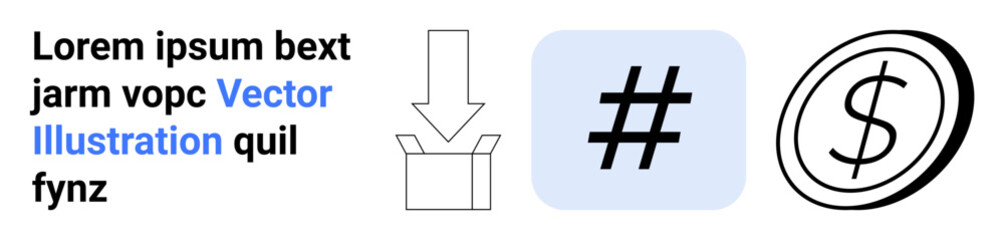 Obraz premium Box with a download arrow, blue metadata tag icon, dollar sign in a circular outline. Ideal for digital marketing, e-commerce, social media, branding, content, business strategy simple landing page