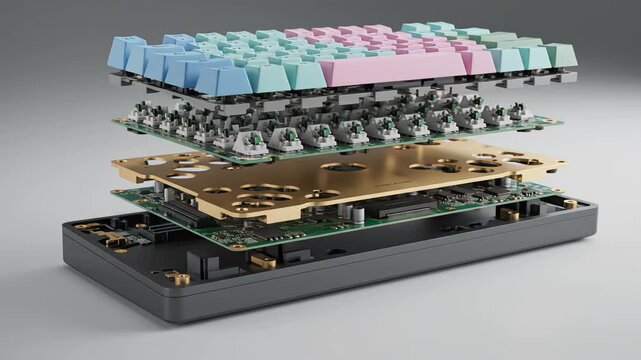 Exploded view animation of custom mechanical keyboard assembly featuring pastel keycaps connecting to blue switches on brass plate