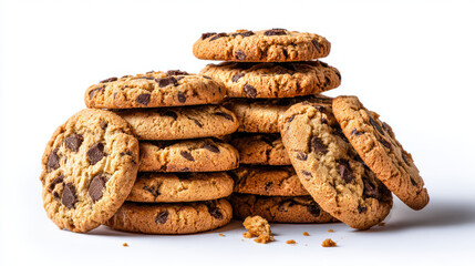 chocolate chip cookies stacked isolated on white background