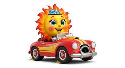 Fototapeta premium Cartoon sun character driving red convertible car