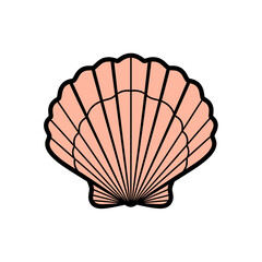 Single Pink Scallop Shell Icon with Black Outline on White Background