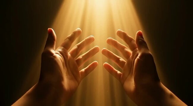 The resurrection of Jesus depicted through hands reaching for divine light