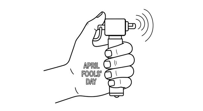 Hand holding otoscope with April Fools' Day text