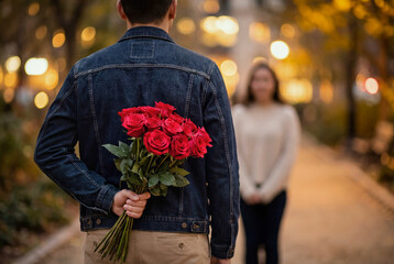Man holding bouquet of red roses behind his back ready to present it to his girlfriend