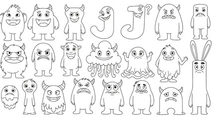 A playful collection of simple line-drawn cartoon animals in cute poses and expressions.