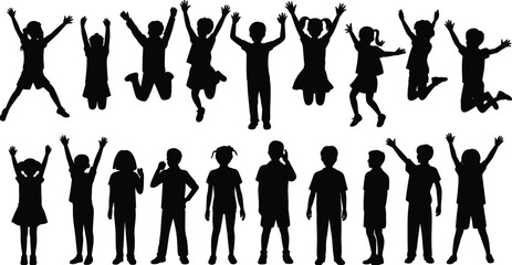 Collection of children silhouettes jumping and standing isolated on white background, happy kids raising hands, playful childhood activity, school and education concept