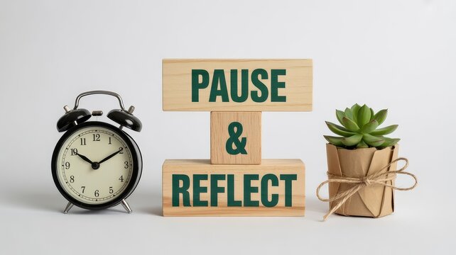 Wooden blocks reminding busy professionals to pause and reflect near a vintage alarm clock and small potted succulent plant