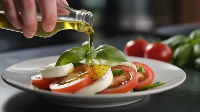 Pouring olive oil over a fresh Caprese salad with tomatoes, mozzarella, and basil leaves.