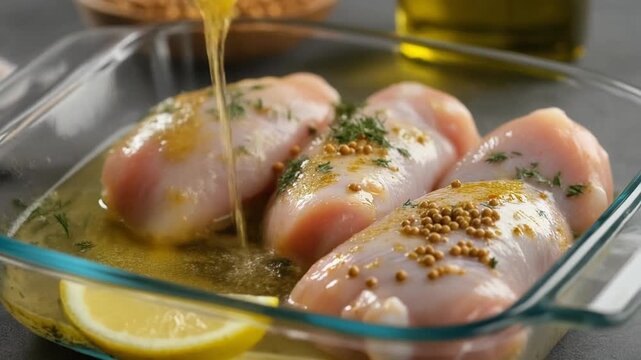 Preparing raw chicken breasts with spices and lemon in a glass dish for cooking.