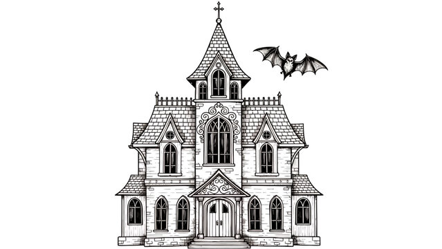 Gothic mansion with spired facade and bats flying above a haunting building.