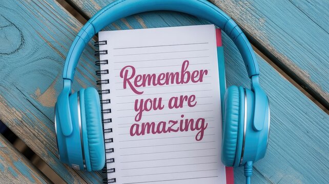 Bright blue wireless headphones resting on a spiral notebook containing an inspirational handwritten message suggesting self-affirmation.