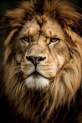 Fototapeta premium Majestic lion with a shaggy mane and piercing eyes in a close-up portrait, viewed straight on, in a natural environment
