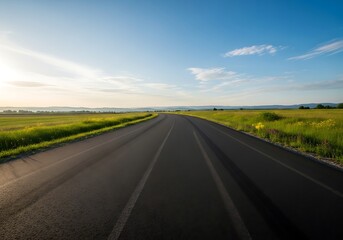 Fototapeta premium Serene roadway meandering through vibrant fields under a clear sky