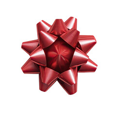 Glossy, red decorative bow with petal-like loops, centered on black backdrop