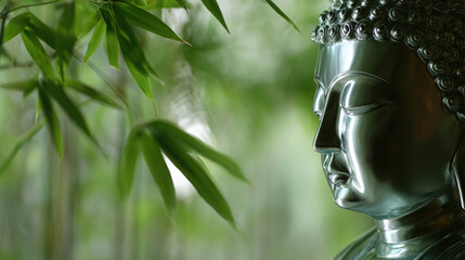Serene Buddha Statue with Lush Bamboo Background in Tranquil Natural Setting for Peaceful Meditation and Mindfulness Practices