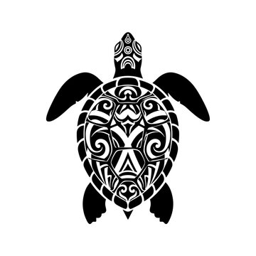 Tribal Sea Turtle Silhouette with Intricate Patterns and Swirls on White Background