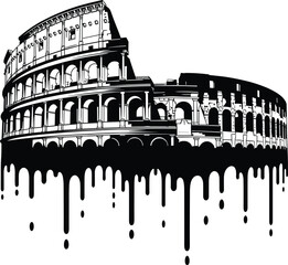 Naklejka premium Stylized black and white Roman Colosseum illustration with dripping paint effect, blending historical architecture and modern graphic design, symbolizing decay and transformation