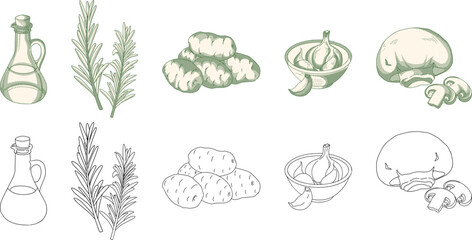 Vintage etching illustration set of steak side ingredients. Rosemary, olive oil, potatoes, garlic, and cremini mushrooms.Perfect for high-end restaurant menus, culinary branding, and recipe book,etc