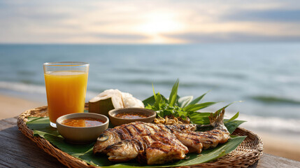 Grilled Fish with Sauces and Fresh Ingredients Served on a Beachside Table with Tropical Sunset Over the Ocean in the Background