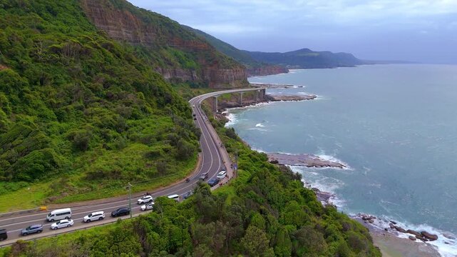 Sea Cliff Bridge on the southern coast of Sydney NSW with sweeping Ocean Views and Mountain terrain. a major Bridge Road on the beautiful Australian coastline  Australia