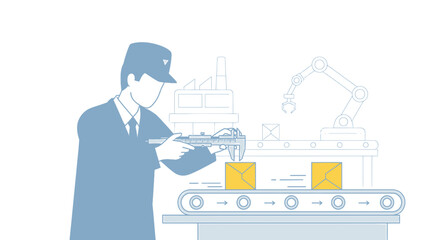 Fototapeta premium Factory worker measures product on conveyor belt, robotic arm in background