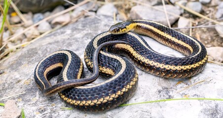 Close-up of a striped garter snake curled on a stone surface. 