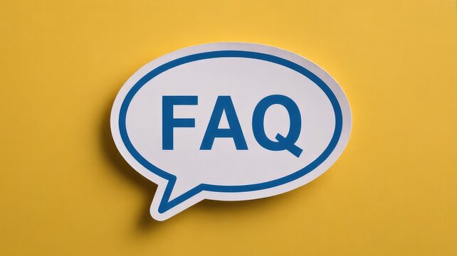 Frequently asked questions icon depicted on a white speech bubble with blue lettering resting on a vibrant solid yellow background representing customer support.