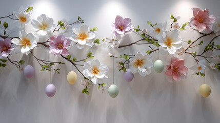 Vibrant spring flowers with pastel Easter eggs hanging decoratively on a wall, creating a festive and inviting atmosphere for celebrations and gatherings