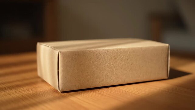 A closed brown cardboard box sitting on a wooden table with a blurred background and natural light casting a shadow.
