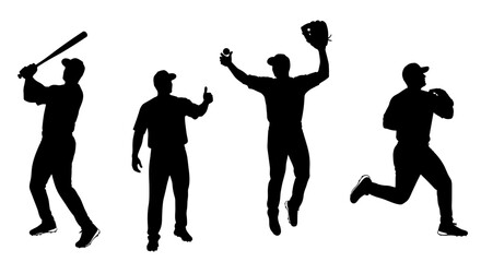 Obraz premium Silhouettes of four people dancing and celebrating in energetic motion across a white background.