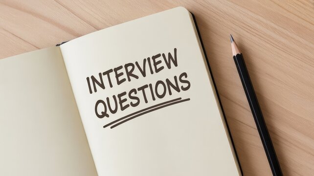 Hand written words interview questions underlined on an open notebook page next to a sharp black pencil resting on a wooden desk surface
