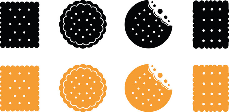 Set of stylized cookie and biscuit silhouettes in square and round shapes with perforated dots and bite marks
