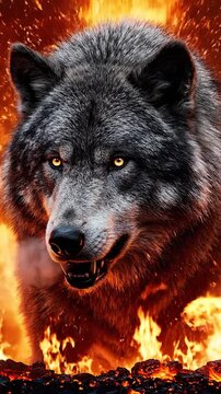 Fierce wolf with glowing eyes emerges from roaring flames and embers