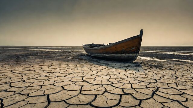 Stranded Boat on Parched Ground, Golden Hour, Water Crisis Concept