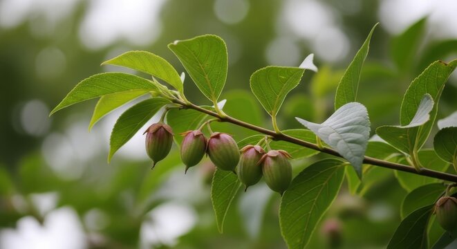 Close-up of Grewia asiatica plant with unripe fruit on branch.