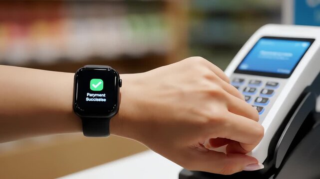 Close-up of a hand wearing a smartwatch making a contactless payment on a card reader terminal with blurred background.
