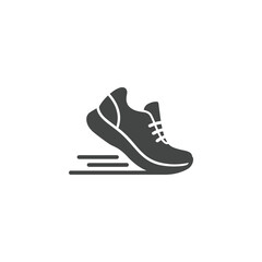 A simple black silhouette of a running shoe with speed lines